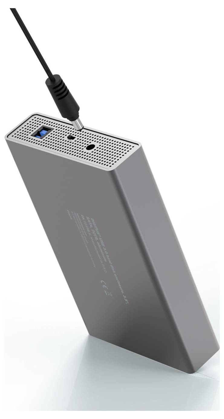 Ein rechteckiges externes Festplattengehäuse mit angeschlossenem USB-Kabel und Belüftungslöchern auf der Oberseite, konzipiert für die Unterbringung eines 2,5-Zoll-Laufwerks.