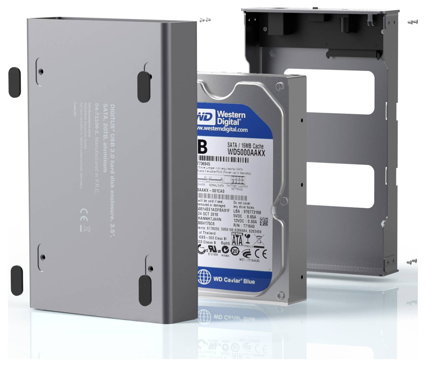 Leeres WD-Laufwerk-Gehäuse mit Platz für das Laufwerk, Laufwerk mit Etikett mit Spezifikationen und Abdeckung mit Montageklammern.