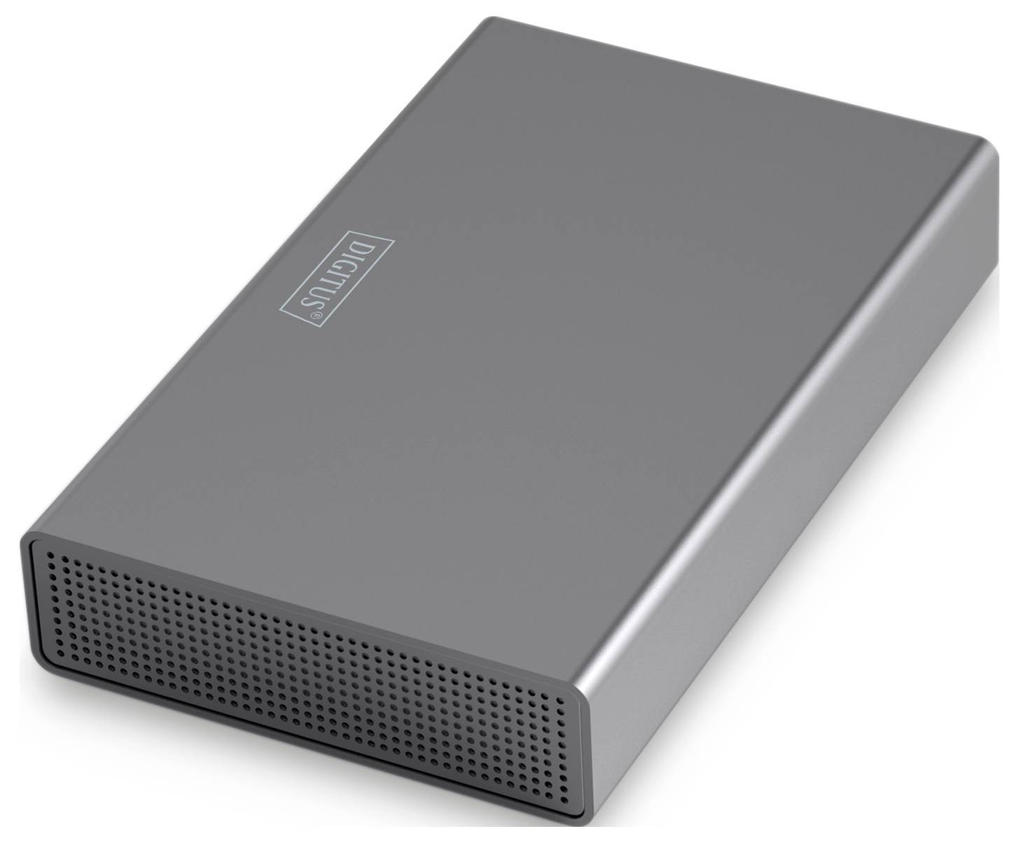 Ein elegante, silberne externe Festplatte mit perforierten Frontblech, wird zur Datenspeicherung und Sicherung verwendet.