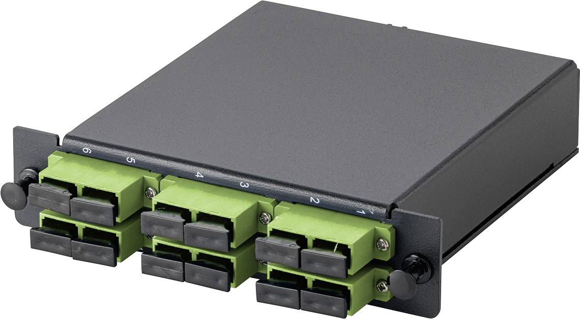 Eine schwarze rechteckige Lichtwellenleiterkassette mit 12 grünen LC-Duplex-Adaptern, angeordnet in drei Reihen, verwendet für Netzwerkverbindungen.