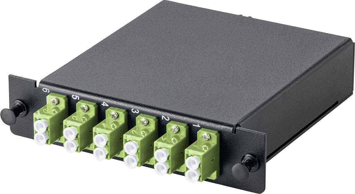 Schwarzes rechteckiges Faseroptik-Modul mit zwei Reihen grüner Anschlüsse, beschriftet von 1 bis 6, wird für Netzwerkverbindungen verwendet.