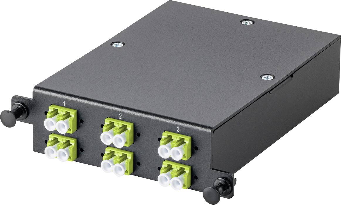 Schwarzes rechteckiges Faseroptik-Modul mit neun grünen und weißen Anschlüssen auf der Vorderseite, verwendet zum Verbinden von Lichtwellenleitern in der Netzwerktechnik.
