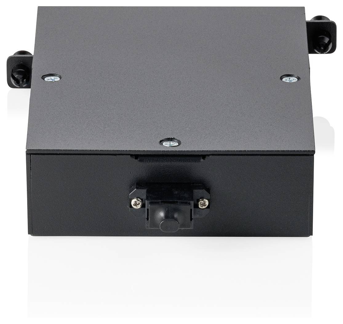 Ein schwarzes Metallgehäuse mit Schrauben und einem kleinen vorstehenden Knopf auf der Vorderseite, möglicherweise ein Bestandteil eines elektronischen oder industriellen Geräts.