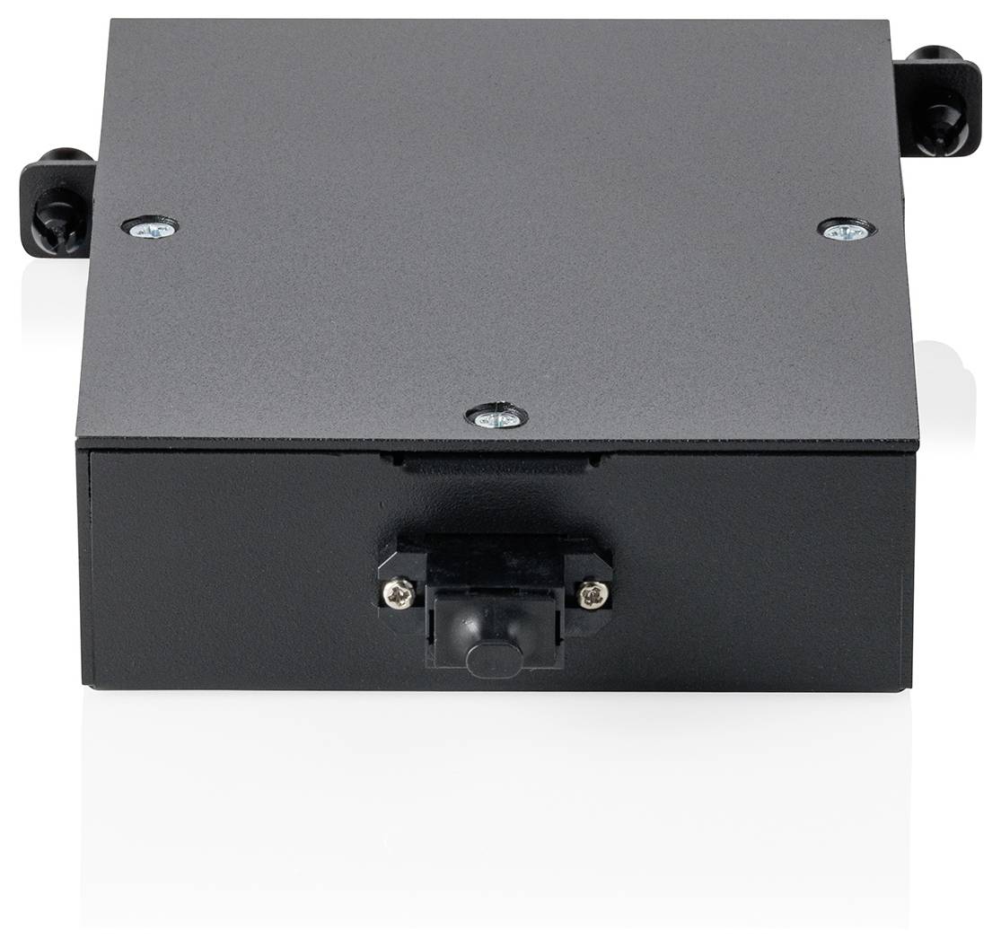 „Ein schwarzes Metallgerät mit elektronischen Komponenten, einem Knopf und Schrauben auf der Oberfläche, positioniert auf weißem Hintergrund.