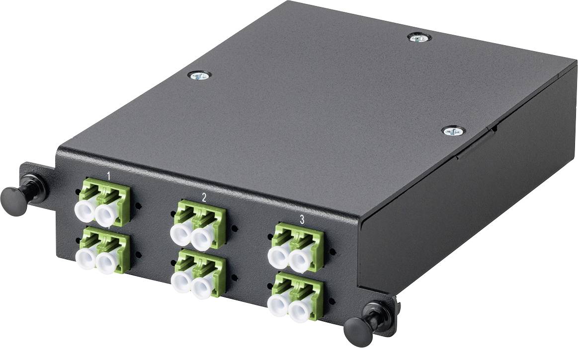 Ein schwarzes elektronisches Modul mit sechs grünen Glasfaseranschlüssen, die in zwei Reihen angeordnet sind, jede mit drei Anschlüssen mit den Bezeichnungen 1, 2 und 3.