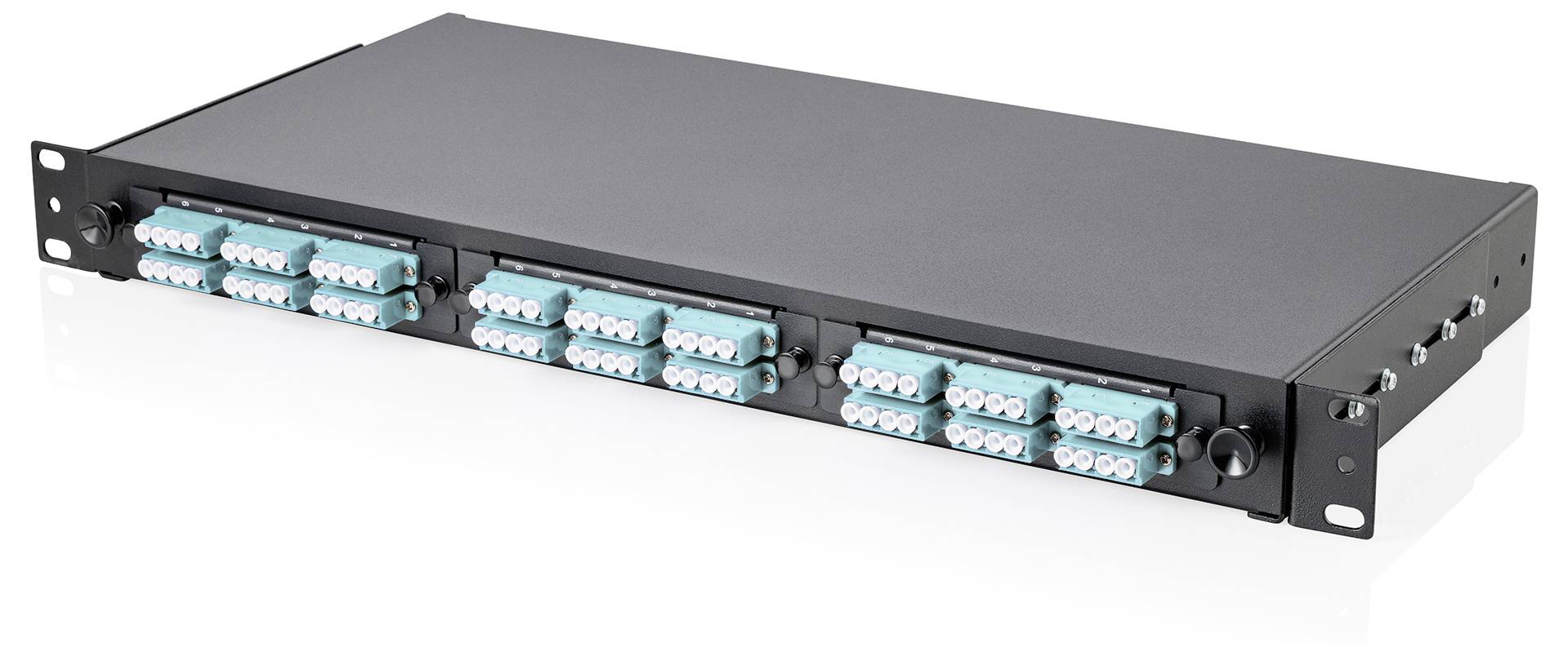Ein schwarzes, rackgestütztes Faser-Patchfeld mit mehreren türkisen Faseroptik-Steckverbindern, das zur Verwaltung und zum Verbinden von Optikkabeln in einem Netzwerk-Setup verwendet wird.