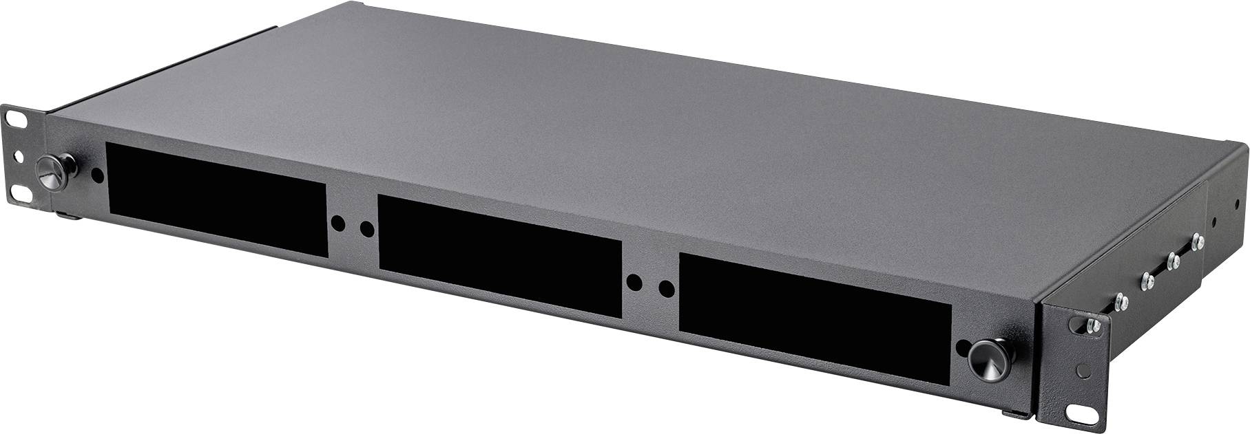 Ein schwarzes, rechteckiges, in ein Rack eingebautes Audiokoffersystem mit drei Frontplatten und zwei Drehknöpfen auf jeder Seite.