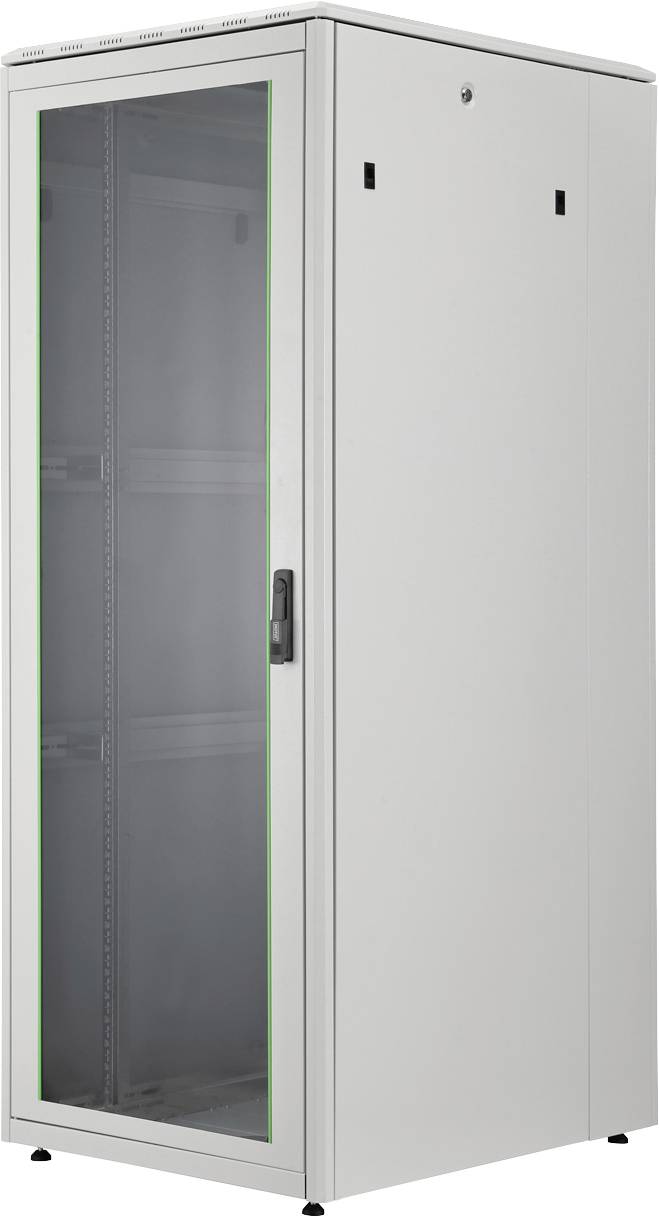 Ein hohes, weißes Metallservergehäuse mit transparenter Vordertür und seitlichem Griff, geeignet zur Organisation und Lagerung von IT-Ausrüstung.