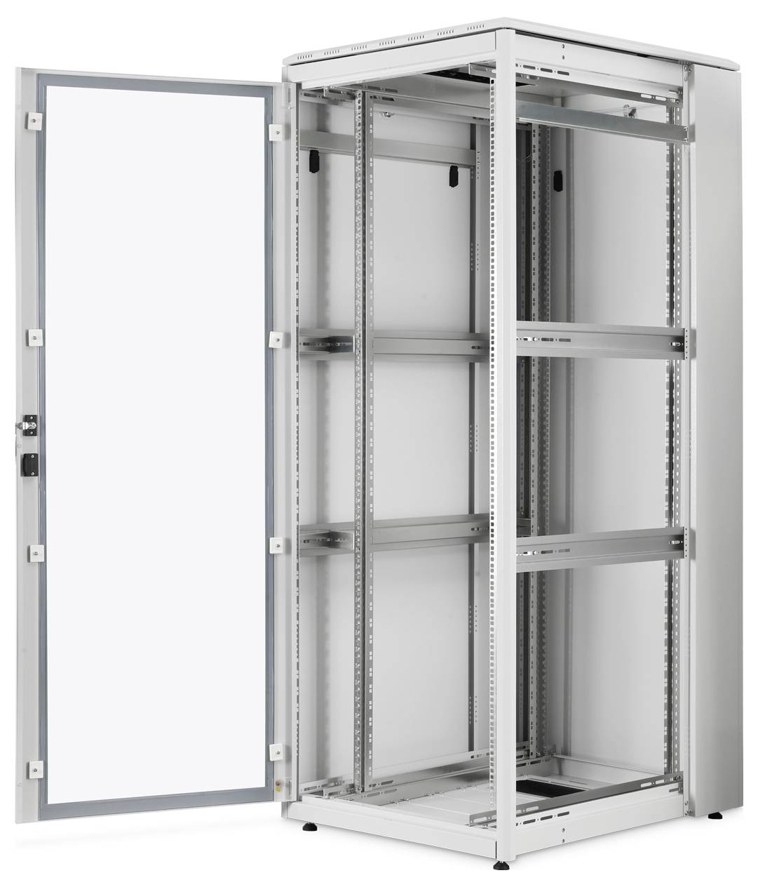 Offener Servernetzwerkschrank mit Glastür vorn, Metallrahmen und mehreren sichtbaren internen Regalbrettern.