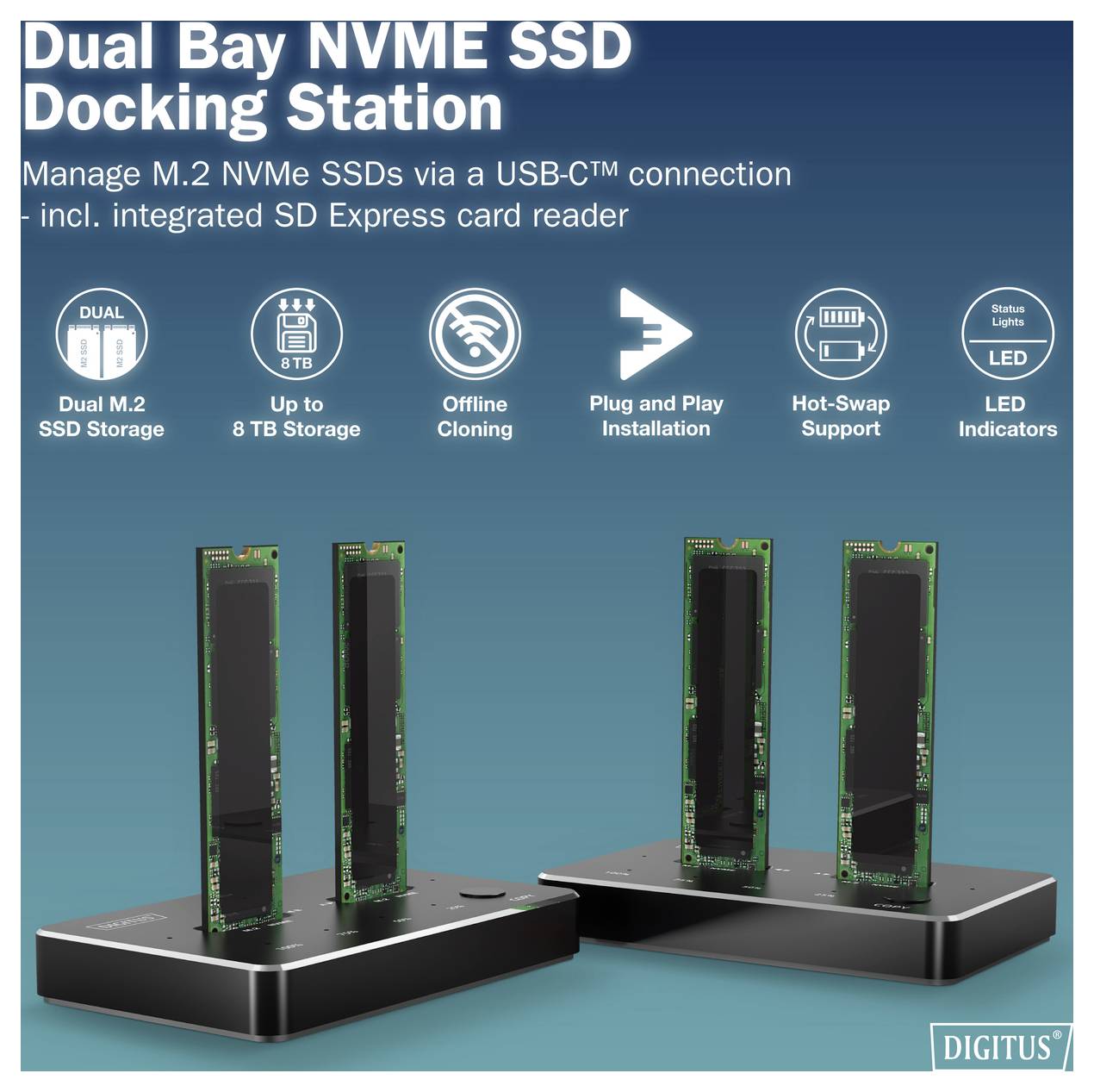 Docking-Station mit zwei NVME-SSD-Buchten mit folgenden Funktionen: duales M.2-SSD-Speicher, bis zu 8 TB Speicher, Offline-Klonen, Plug-and-Play, LED-Anzeigen.