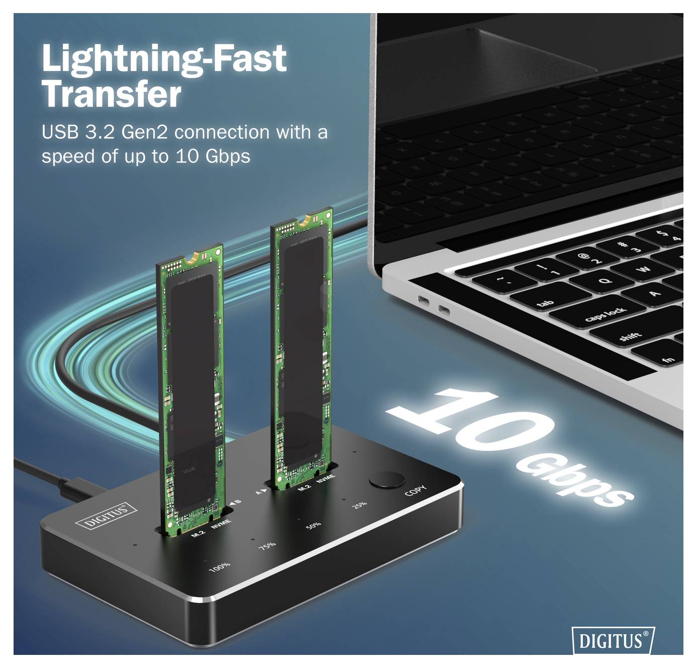 Blitzschnelle Übertragung: USB 3.2 Gen2-Verbindung mit einer Geschwindigkeit von bis zu 10 Gbps. Die Abbildung zeigt ein Gerät, das mit einem Laptop verbunden wird.