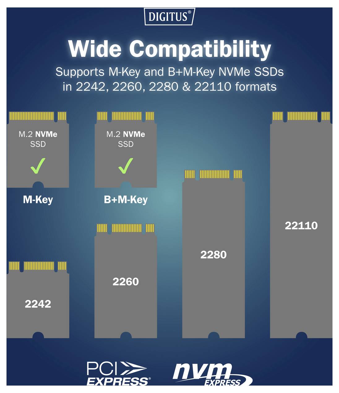 'Breite Kompatibilität: Unterstützt M-Key und B+M-Key NVMe SSDs in den Formaten 2242, 2260, 2280 und 22110.' Das Bild zeigt SSD-Typen und -Größen.
