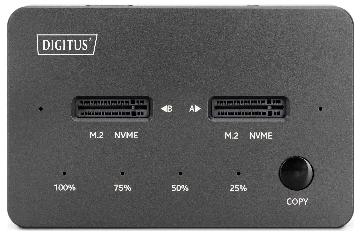 Ein Gerät zum Duplizieren von M.2-NVME-SSDs mit Anschlüssen mit den Bezeichnungen A und B, Fortschrittsanzeigen von 25% bis 100% und einer Kopierschaltfläche.