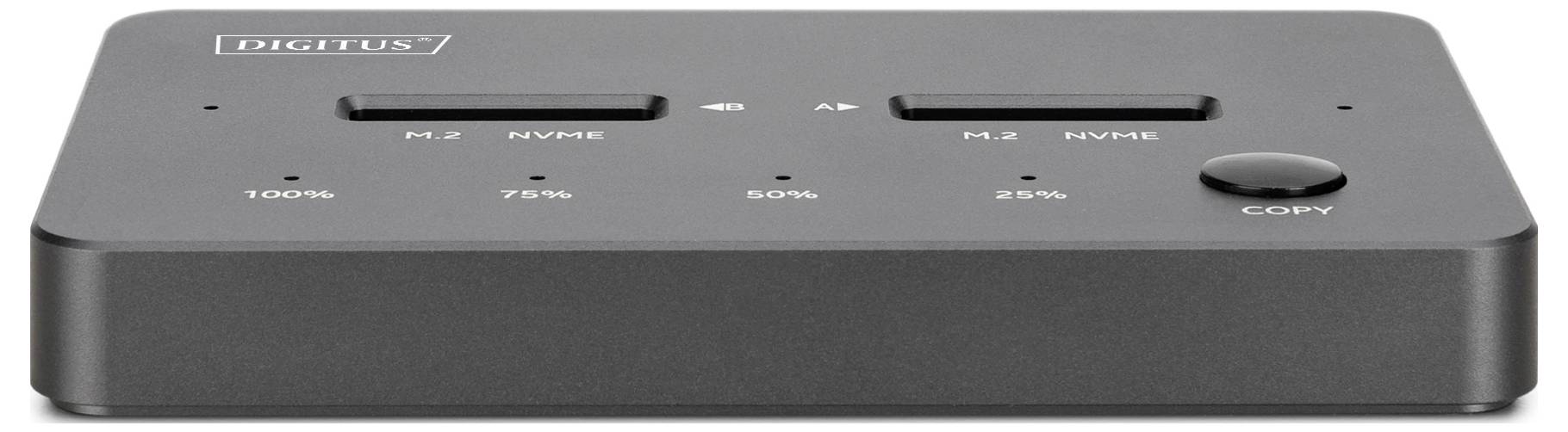 Eine schwarze Dual-M.2-NVMe-SSD-Dockingstation mit LED-Anzeigen für 100%, 75%, 50% und 25%, beschriftet mit „DIGITUS