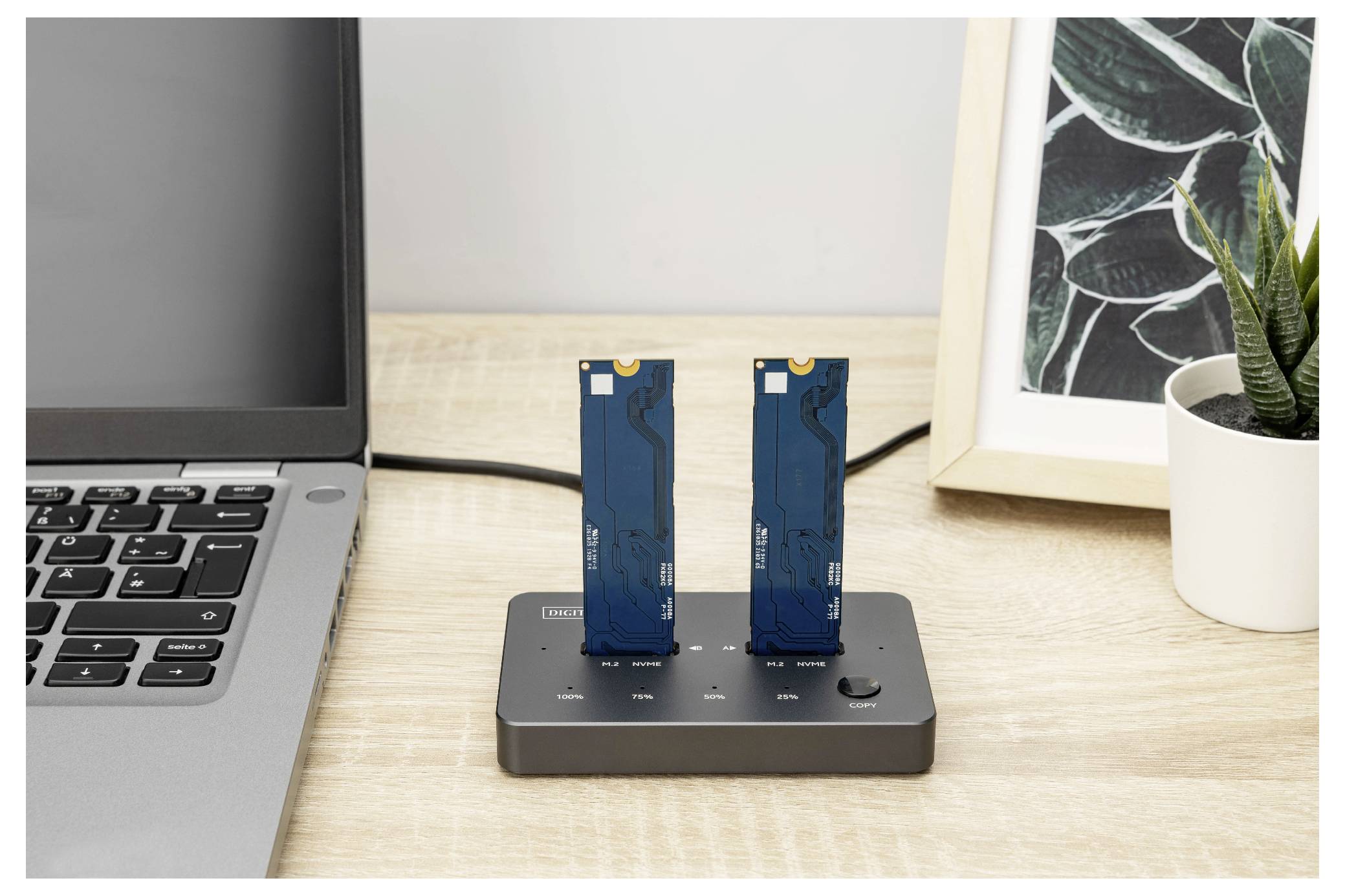 Zwei blaue M.2-SSDs eingesteckt in eine schwarze Dockingstation neben einem Laptop und einem gerahmten abstrakten Blattkunstwerk auf einem Holzschreibtisch.