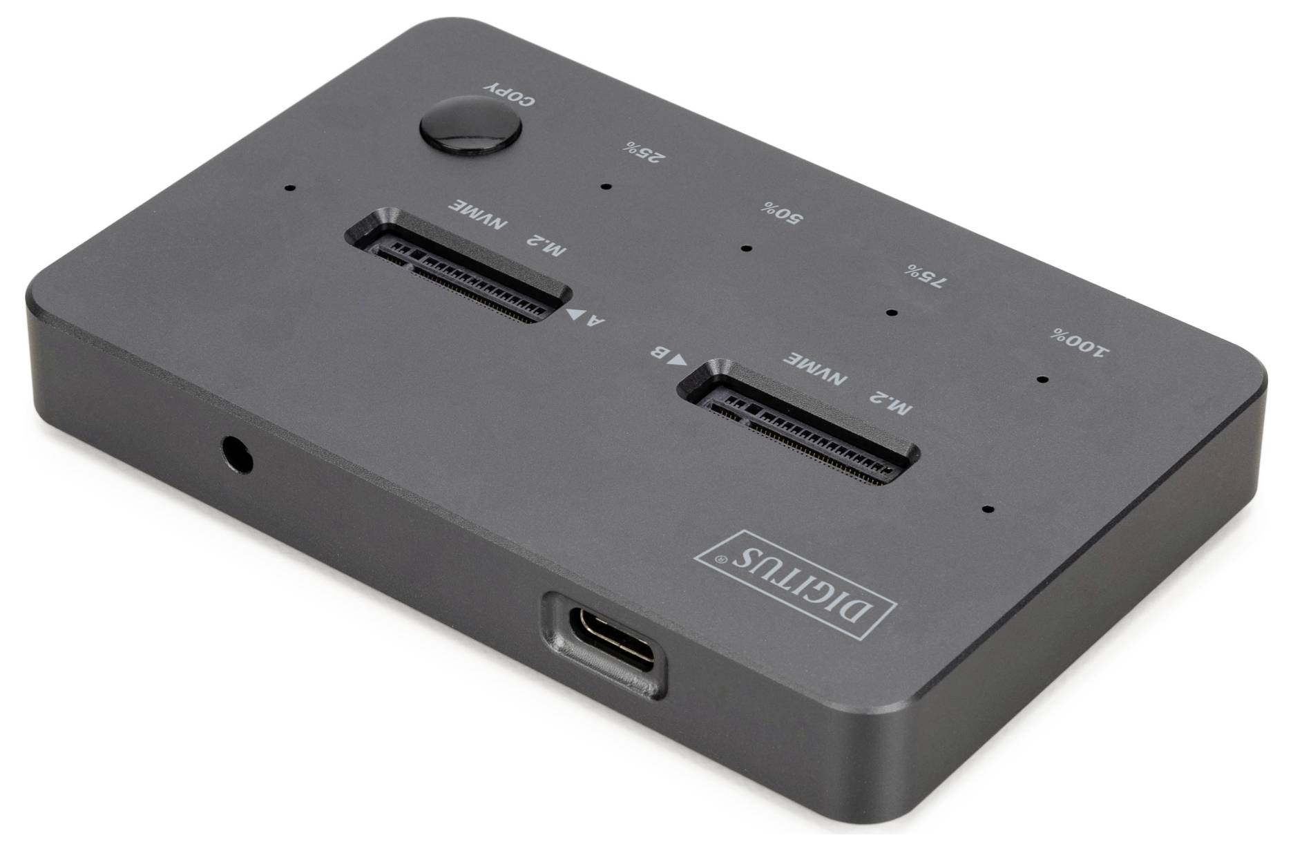 'Digitus' USB-C Dual SSD/HDD-Dockingstation mit Klon-Funktion, ausgestattet mit zwei Steckplätzen für M.2- und mSATA-Laufwerke sowie LED-Anzeigen.