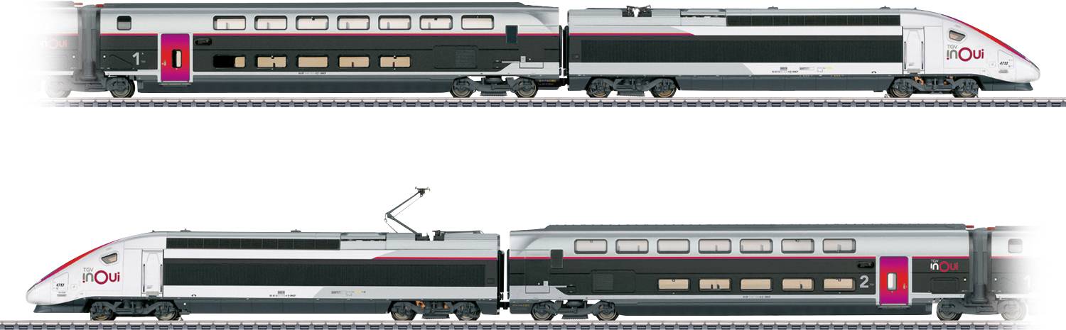 Hochgeschwindigkeitszug mit zwei verbundenen Wagen auf parallelen Gleisen. Der Zug hat ein schlankes Design in Rot, Schwarz und Grau und trägt die Marke 