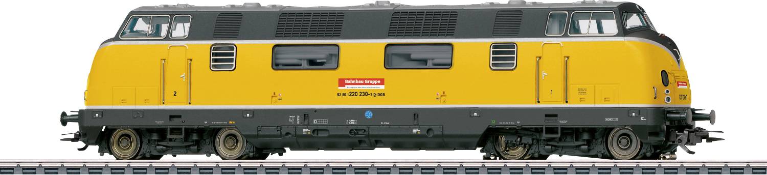 Eine Modelleisenbahn-Lokomotive, leuchtend gelb und schwarz, detailliert mit realistischen Texturen, positioniert auf Eisenbahngleisen, von der Seite betrachtet.