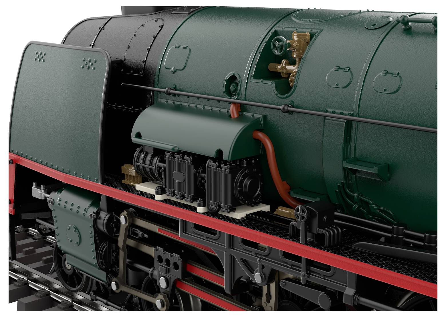 Ein Modell einer Dampflokomotive, das detaillierte Elemente wie den Kessel, die Kolben und die Räder auf einem Gleis zeigt und das Ingenieursdesign zur Schau stellt.