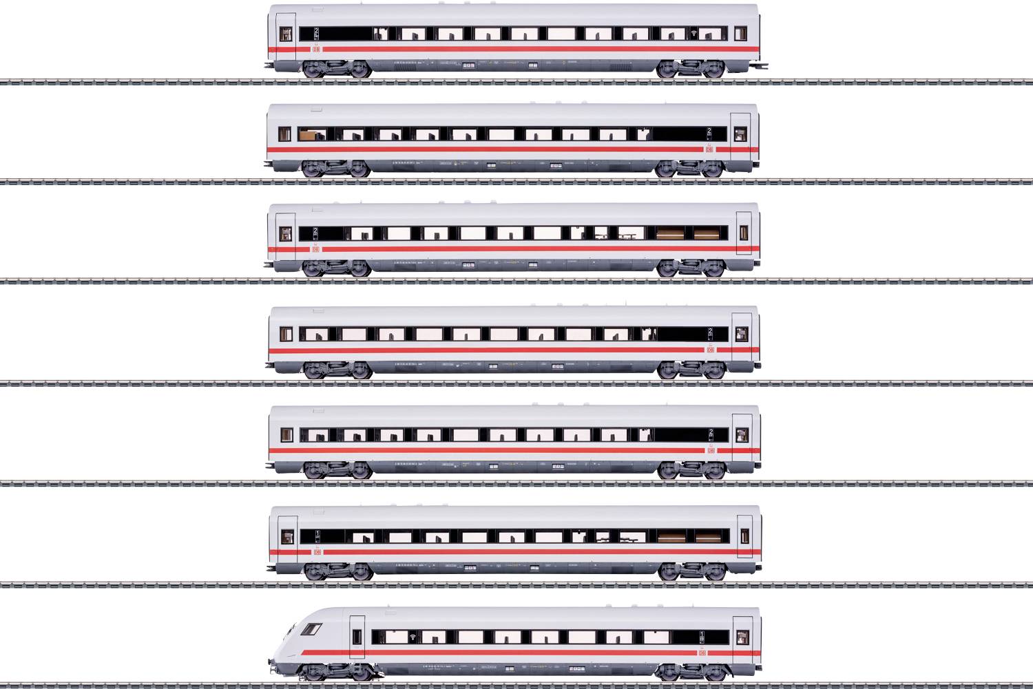 Fünf Modelleisenbahnwagen vertikal nebeneinander auf parallelen Gleisen aufgereiht; jeder Wagen ist weiß mit roten und grauen Details und zeigt unterschiedliche Designs.