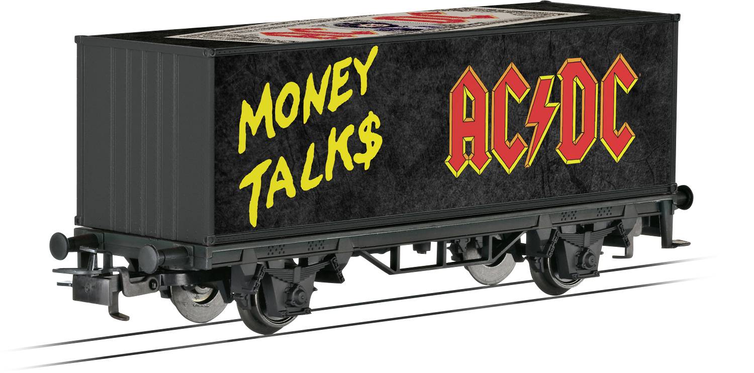 Modelleisenbahnwagen mit 'AC/DC' und 'Money Talk$' in fetten gelben und roten Buchstaben.