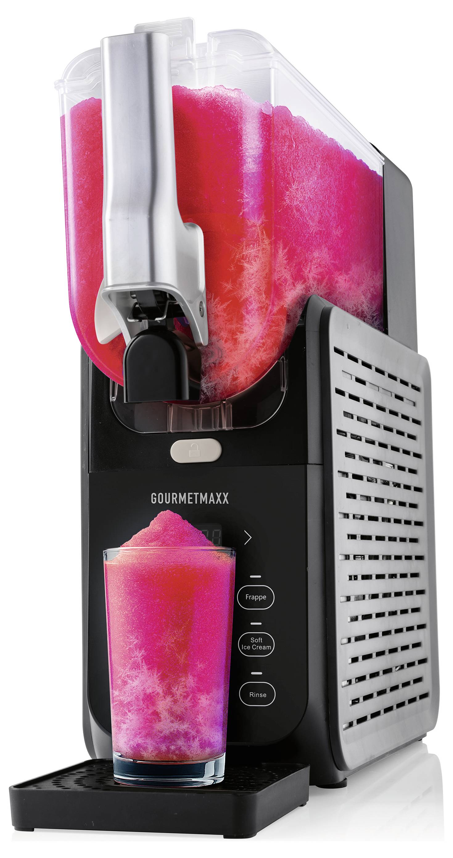 Eine Slushie-Maschine, die ein lebhaftes rosa und lila Getränk in ein durchsichtiges Glas ausgibt. Das Gerät verfügt über Bedienungstasten.