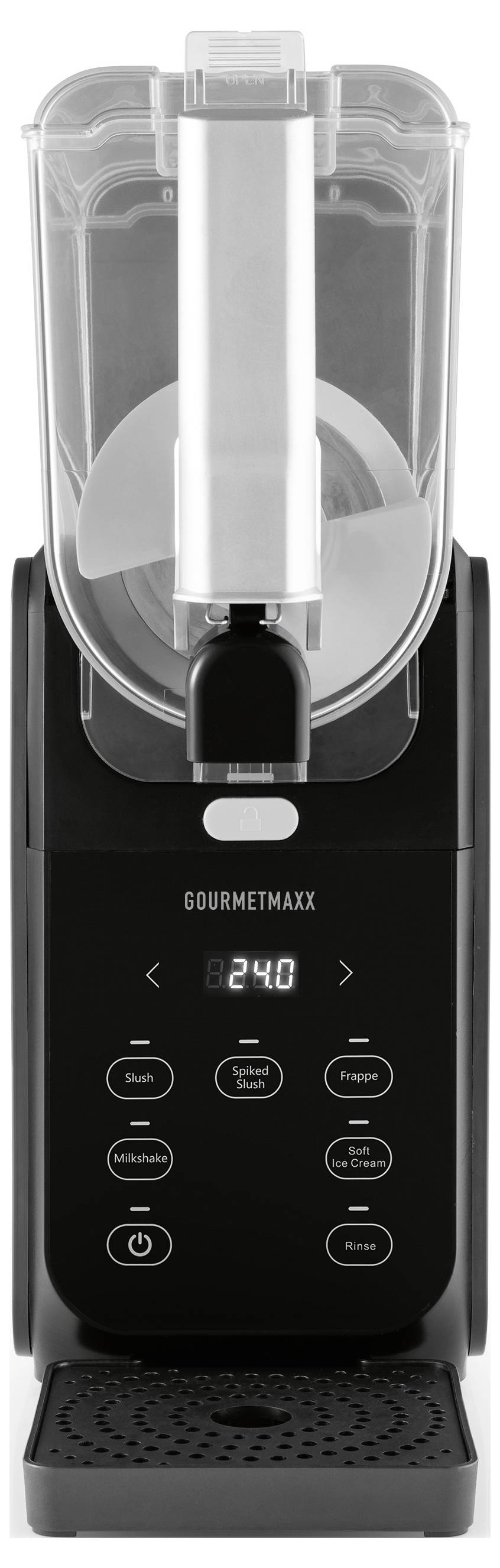 Schlanke schwarz-silberne Küchengeräte mit digitaler Anzeige und Bedienungstasten für verschiedene Funktionen, geeignet zur Lebensmittelzubereitung.