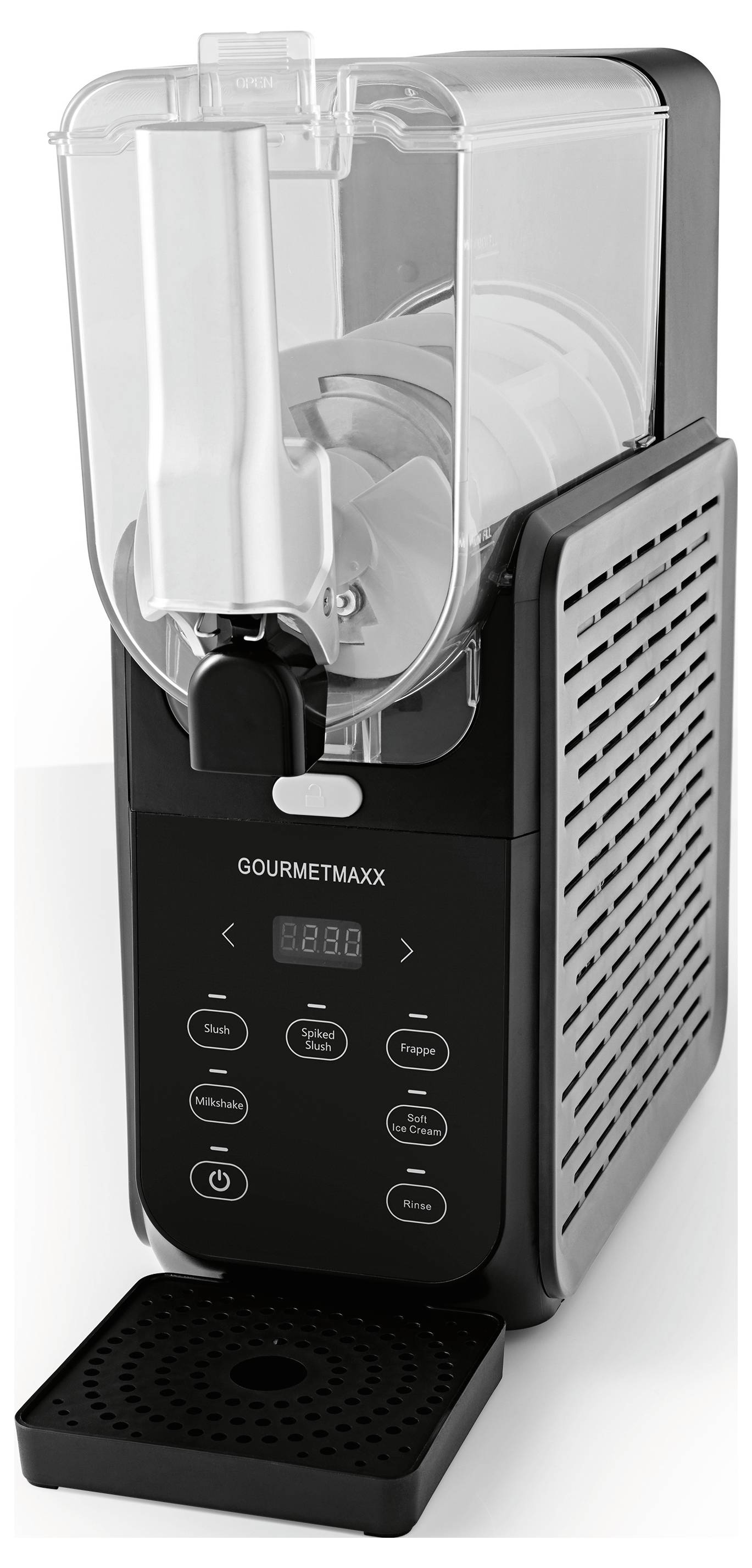 Eismaschine mit digitaler Anzeige, verschiedenen Tasten und abnehmbarem Behälter.