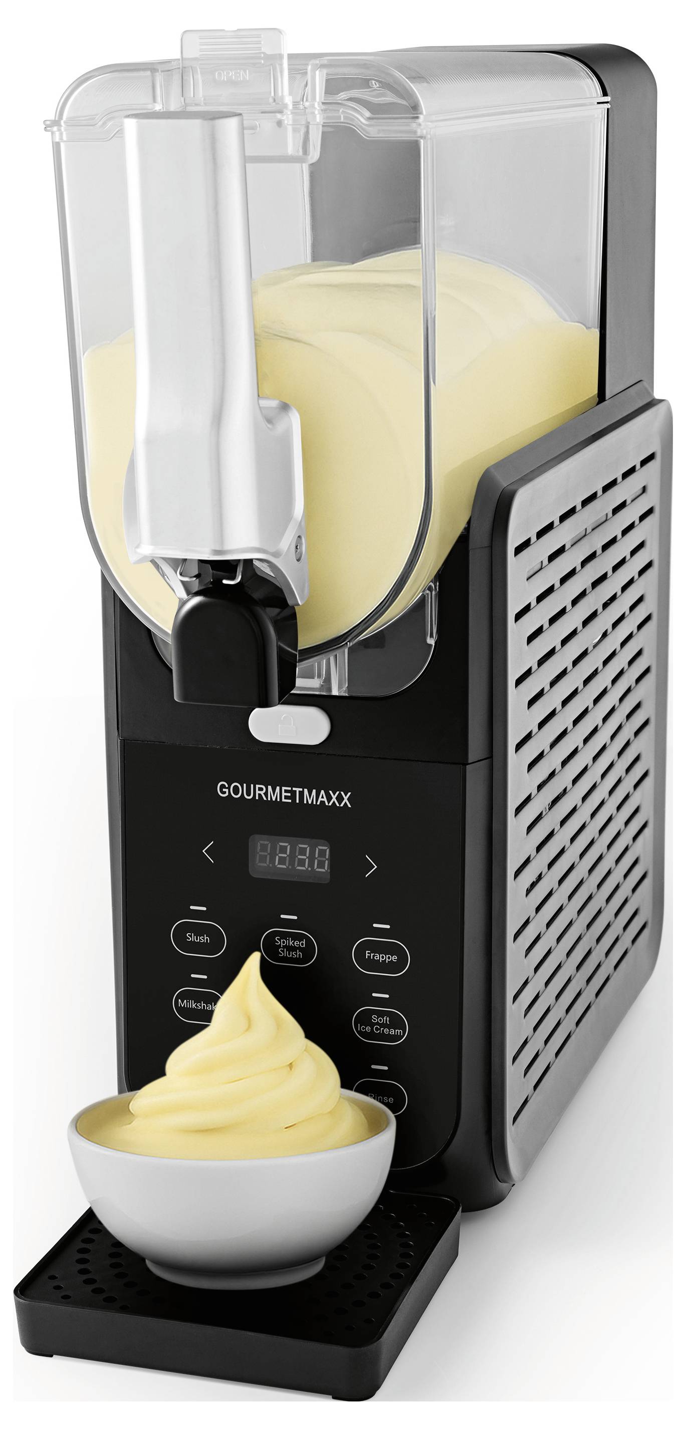 Ein Soft-Serve-Eismaschinen-Dispenser, der Vanilleeis in eine Schüssel abgibt. Die Maschine hat digitale Bedienelemente und trägt die Marke „Gourmetmaxx