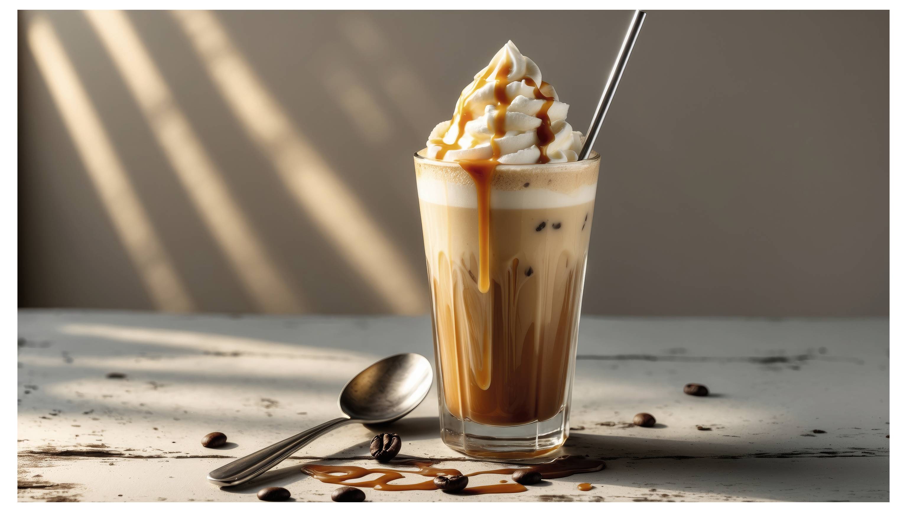 Ein Glas Eiskaffee mit Schlagsahne und Karamellsoße obenauf steht auf einem Tisch mit einem Löffel daneben. Sonnenlicht strömt im Hintergrund herein.