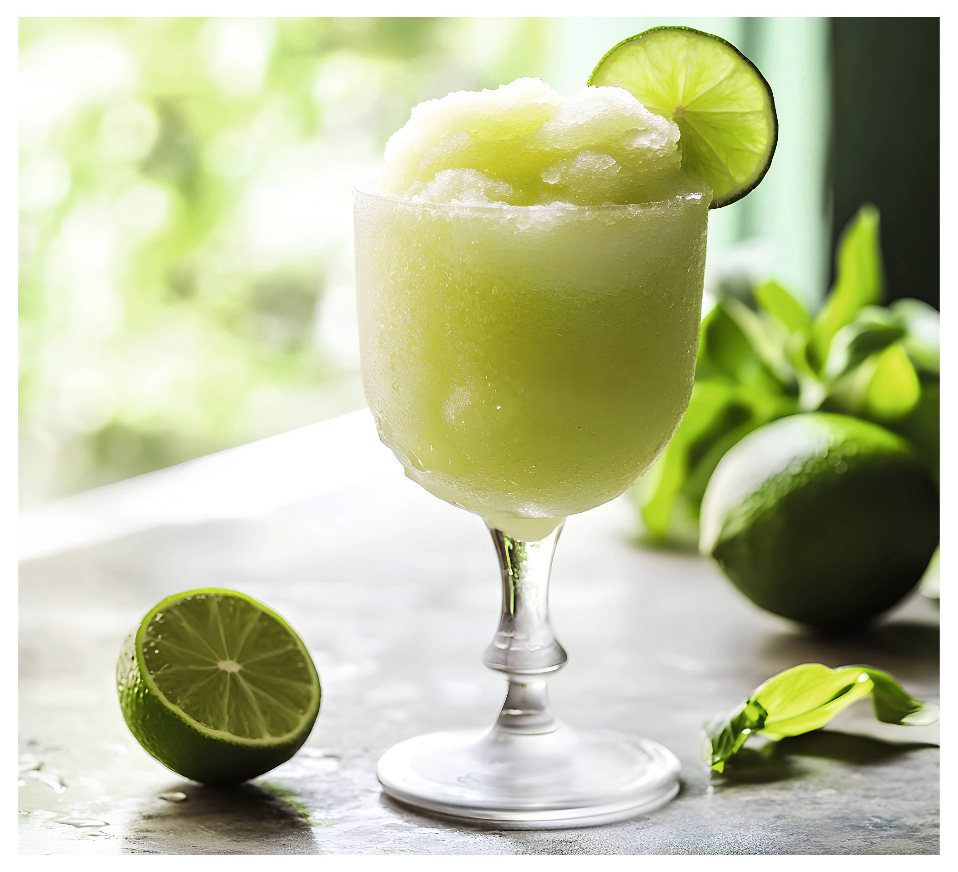 Ein Glas Limetten-Slushie mit einer Limettenscheibe als Garnierung steht auf einem Tisch, mit ganzen Limetten und grünen Blättern im Hintergrund.
