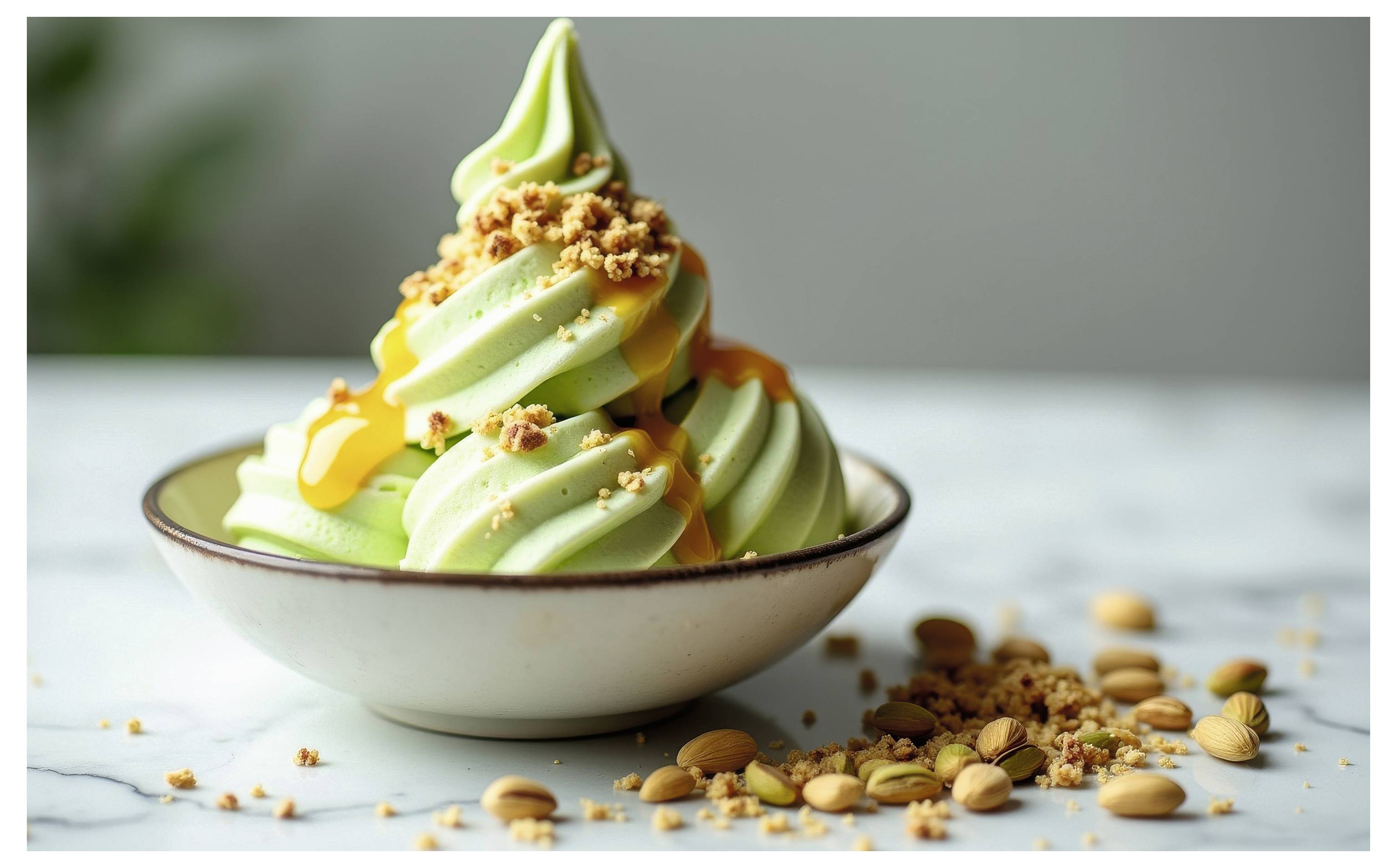 Eine Schüssel grünes weiches Speiseeis mit Karamelldrizzle und Nussbröseln oben drauf, umgeben von verstreuten Mandeln auf einer Marmoroberfläche.