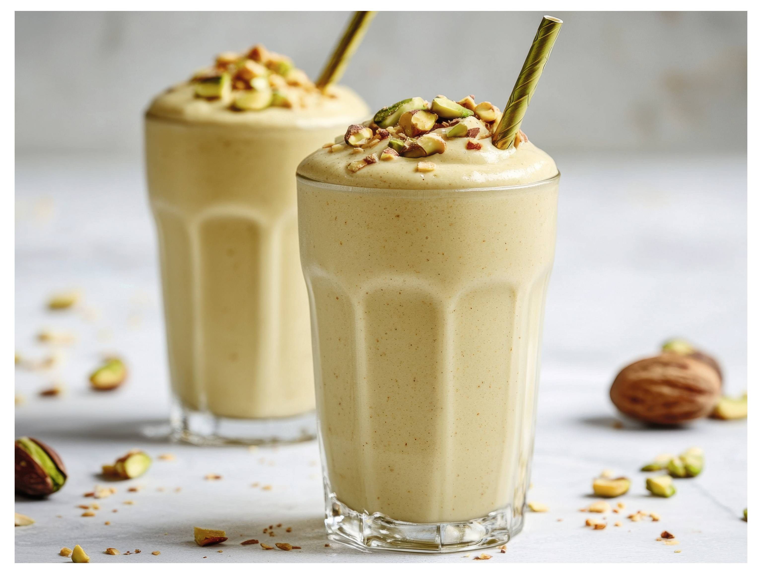 Zwei Gläser Bananensmoothie mit gehackten Nüssen garniert und einem Strohhalm, vor einem hellen Hintergrund angeordnet.