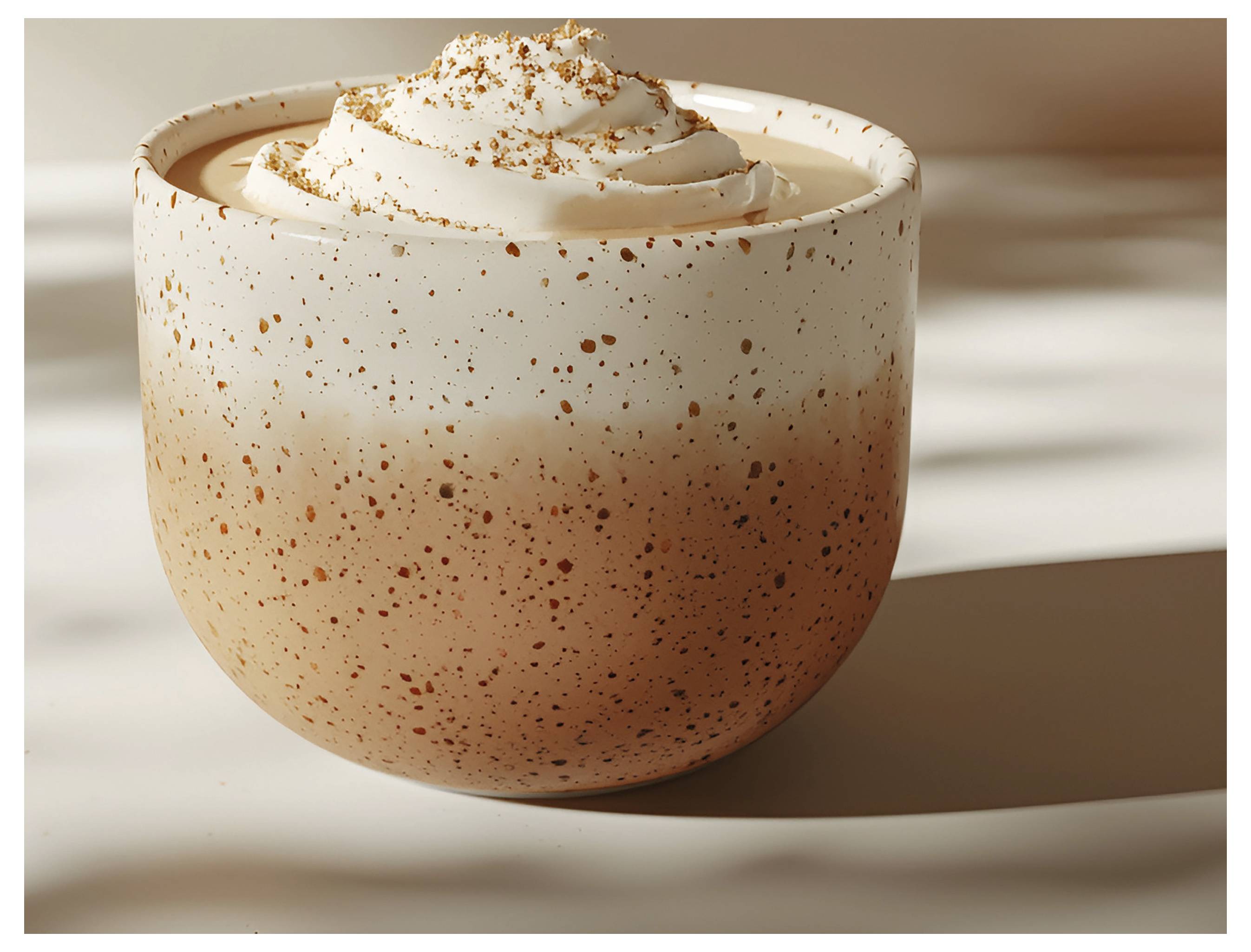 Eine Keramiktasse gefüllt mit einem cremigen, schaumigen Getränk, das mit einer Wirbel aus Schlagsahne gekrönt und mit Zimt bestreut ist.