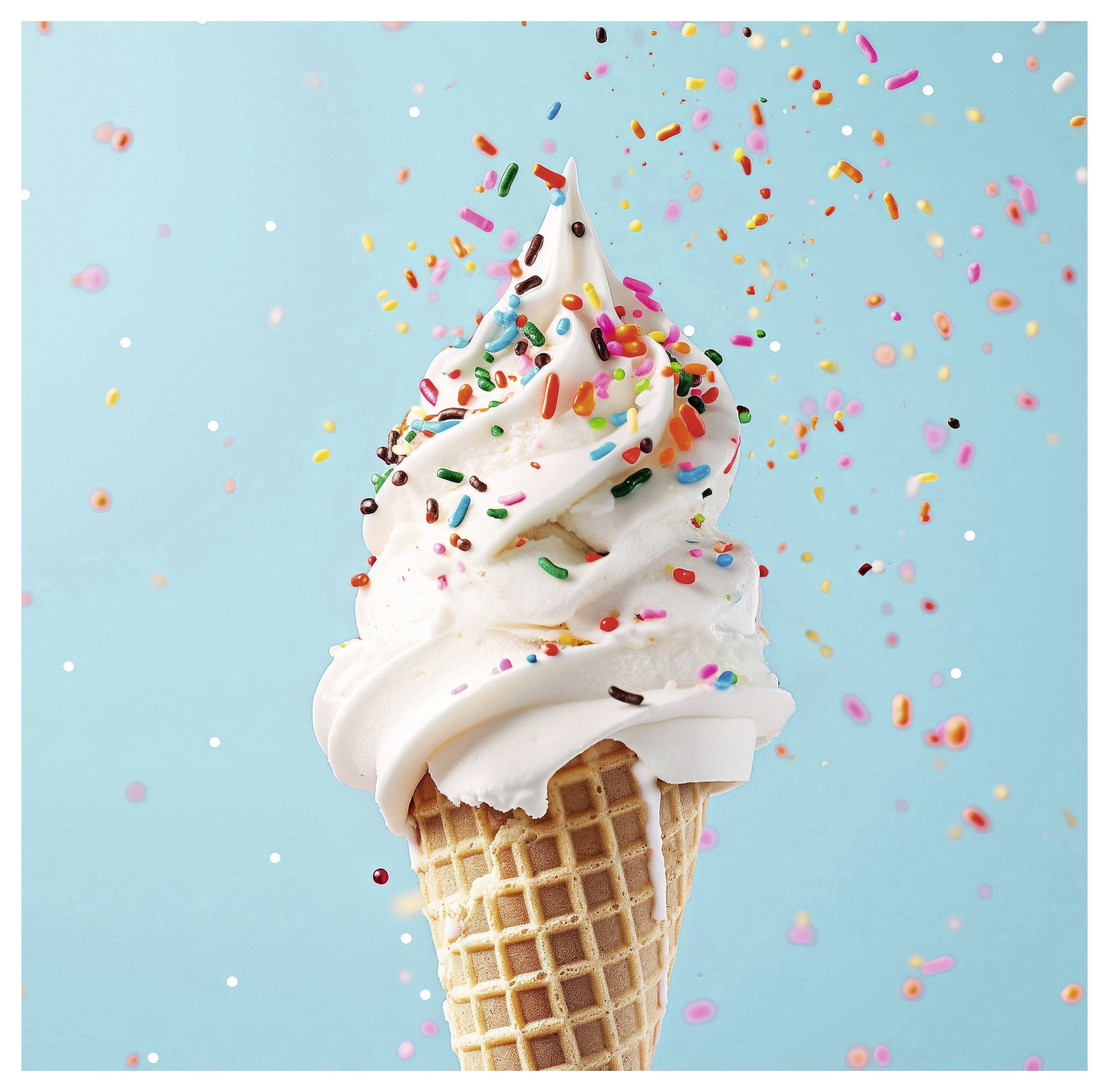 Ein Waffelkegel mit cremigem Vanille-Softeis, garniert mit bunten Streuseln, vor einem leuchtend blauen Hintergrund mit fallenden Streuseln.