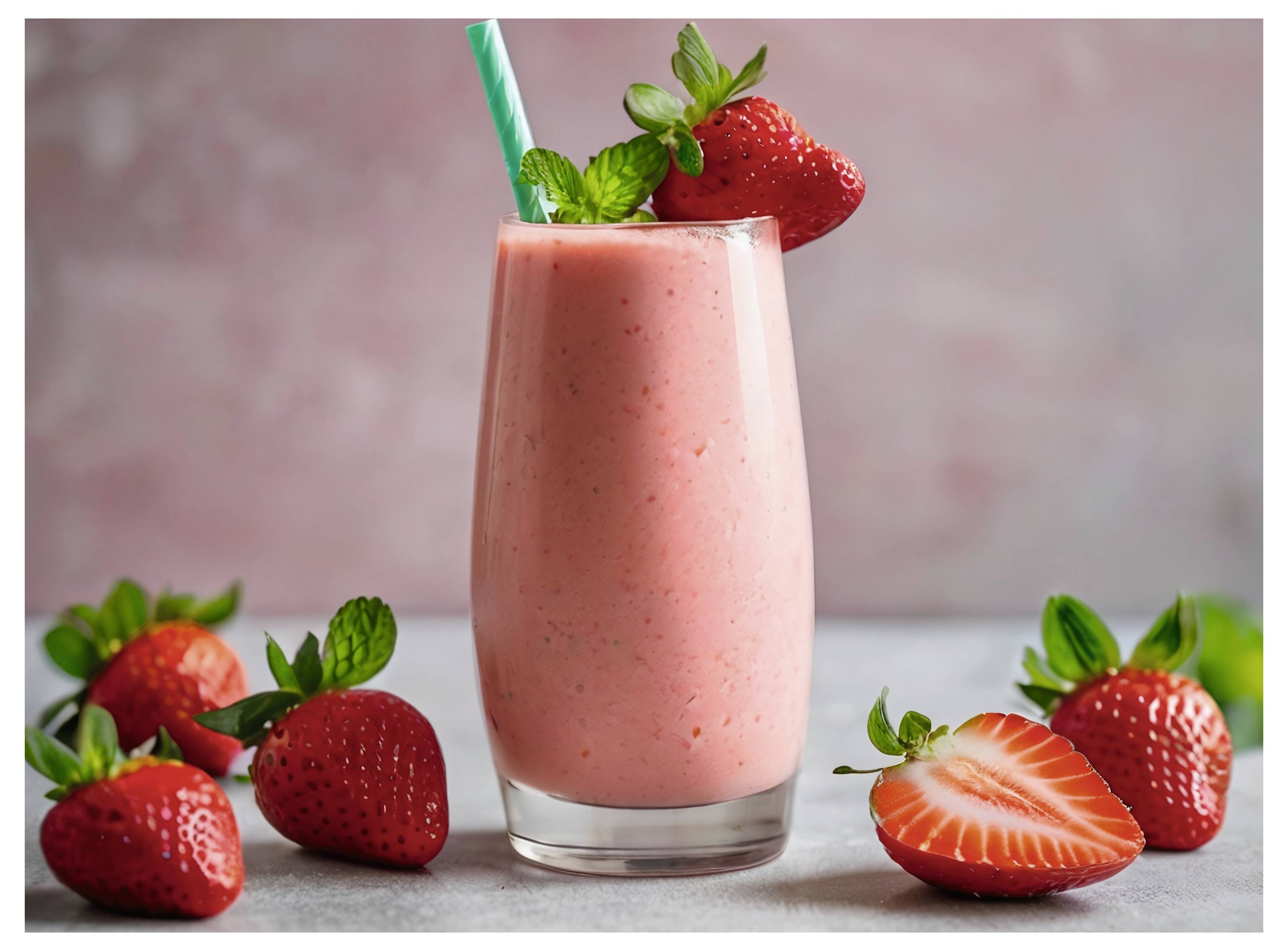 Ein Glas Erdbeer-Smoothie garniert mit frischen Erdbeeren und Minze, umgeben von ganzen und halbierten Erdbeeren auf rosa Hintergrund.