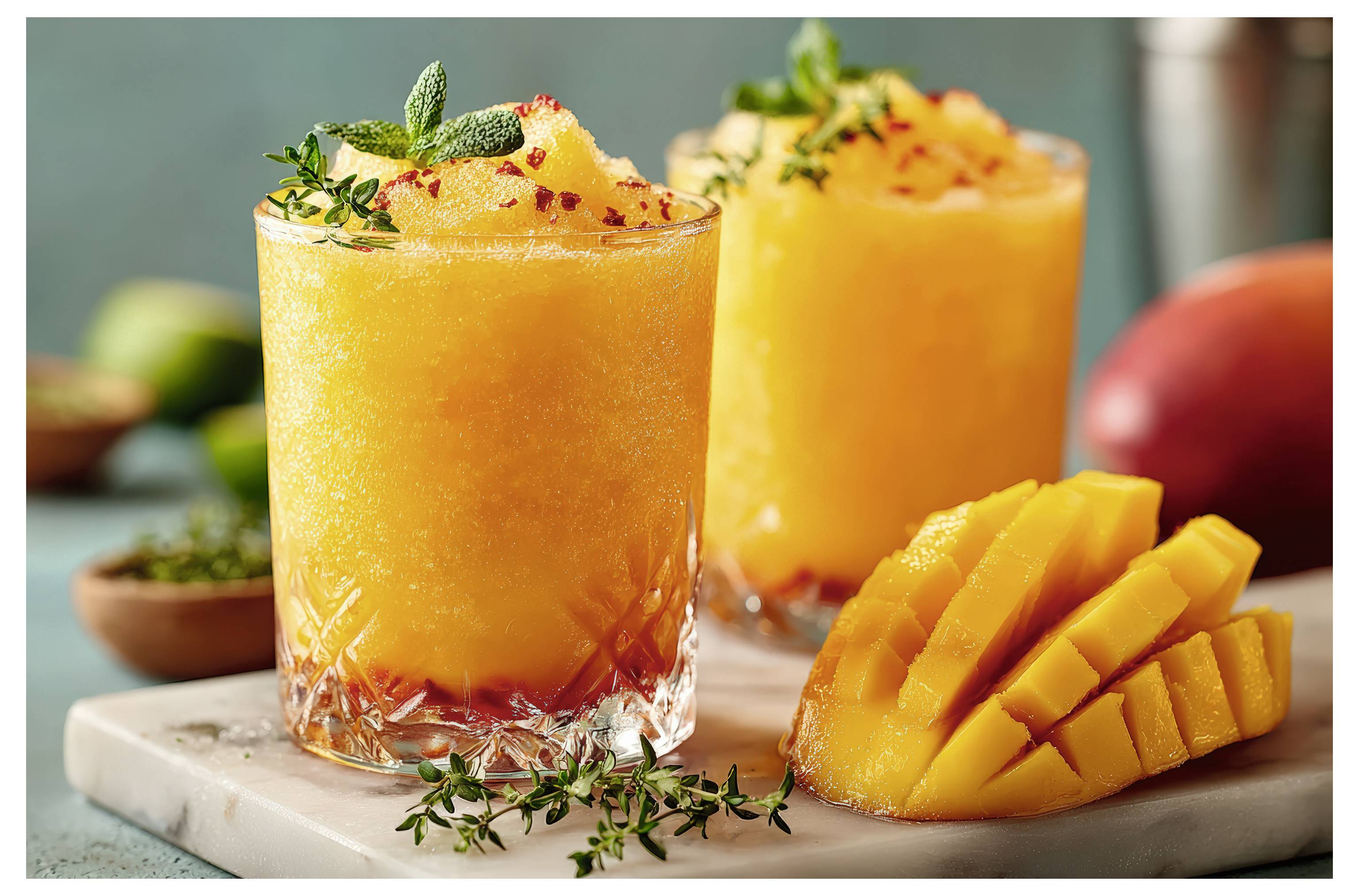 Zwei Gläser Mango-Slush mit Kräutern garniert, neben geschnittener Mango auf einer Marmorplatte. Erfrischende und lebendige Sommergetränk-Anordnung.