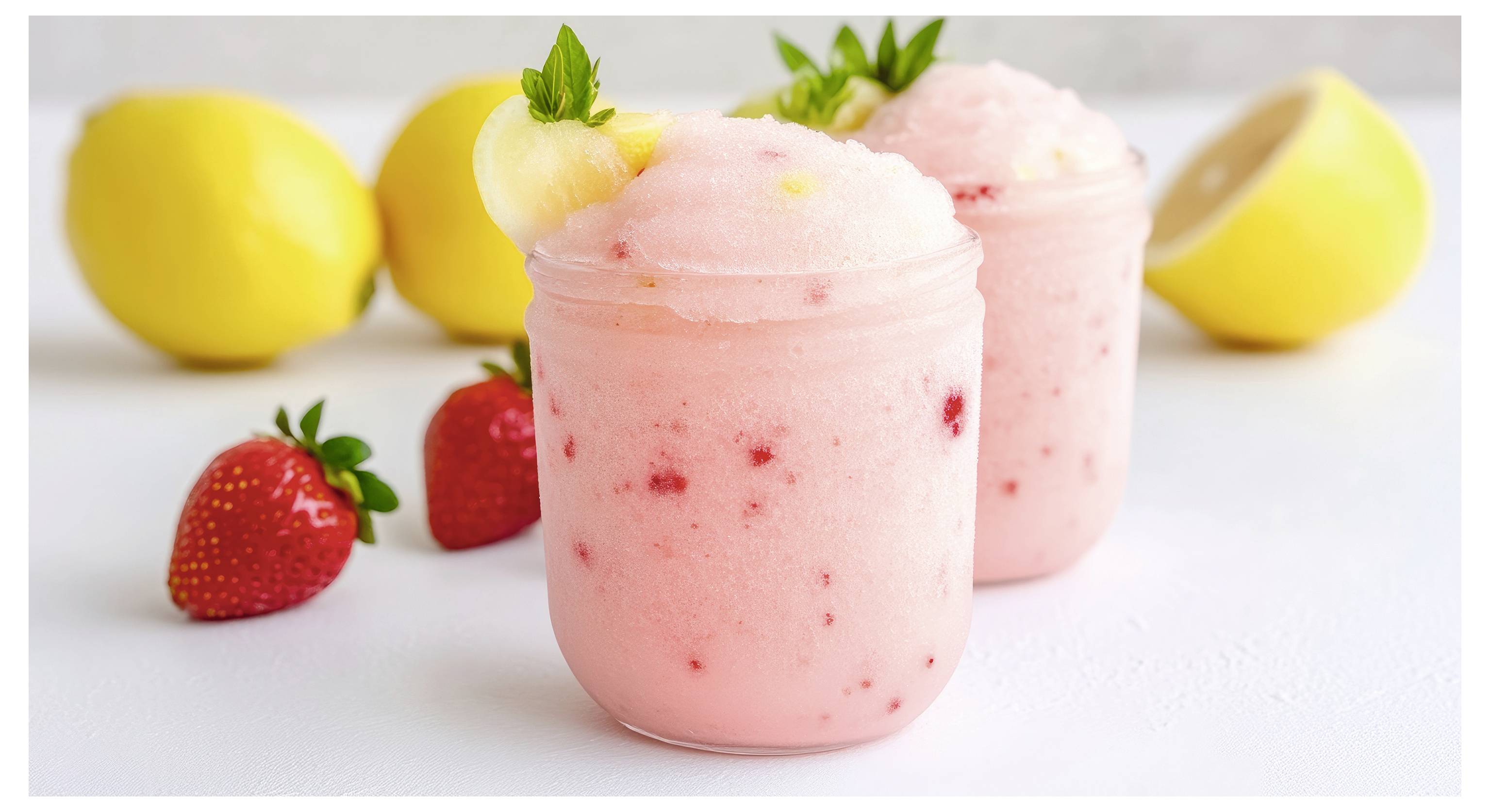 Zwei Gläser rosa Erdbeerzitronenlimonade-Slush mit Zitronenscheiben und Minze garniert. Frische Erdbeeren und Zitronen befinden sich im Hintergrund.