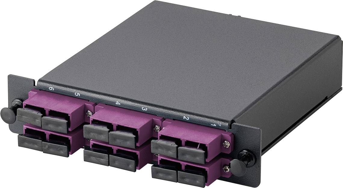 Ein schwarzes Glasfasermodul mit acht violetten LC-Anschlüssen, angebracht in zwei Reihen zu je vier.