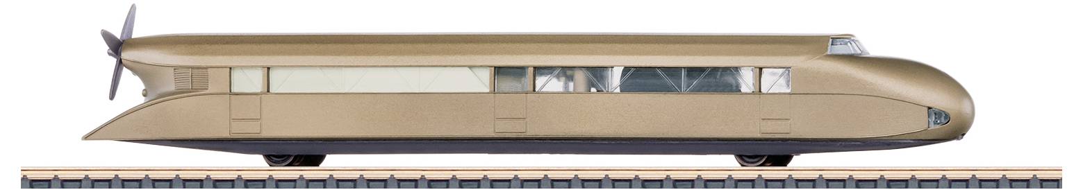 Stromlinienförmiger, futuristischer Zug mit einem Propeller am Heck, entworfen für Hochgeschwindigkeitsfahrten auf Eisenbahngleisen.