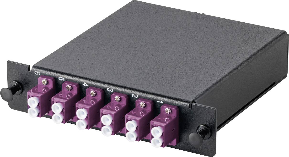 Schwarzes Glasfaser-Patchpanelmodul mit sechs magentafarbenen Steckverbindern, nummeriert von 1 bis 6, zur Organisiereung und Weiterleitung von Glasfaserkabeln.