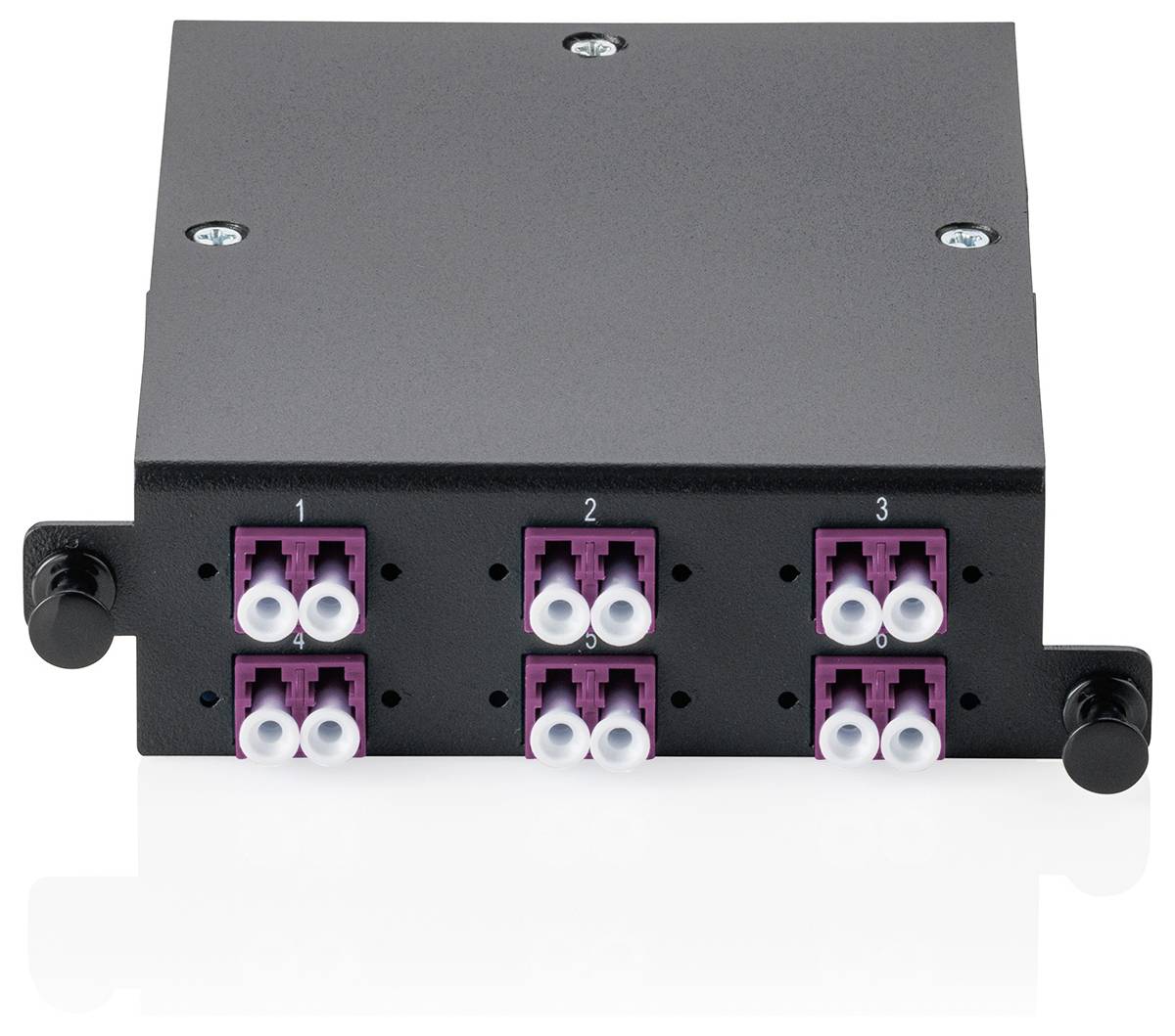 Vorderansicht eines schwarzen Netzwerkmoduls mit drei Reihen rosa und weißer Glasfaserverbinder, gekennzeichnet mit 1, 2 und 3.