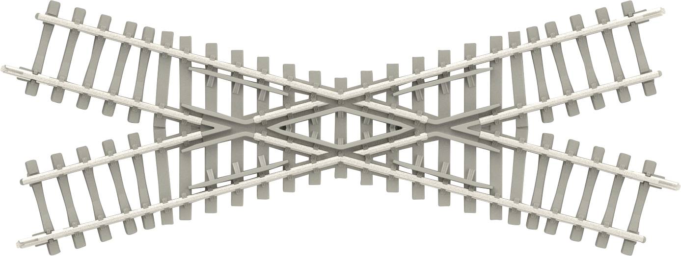 Ein symmetrisches Kreuzmuster von Eisenbahngleisen, die in der Mitte zusammenlaufen und eine komplexe und überlappende Eisenbahnkreuzung veranschaulichen.