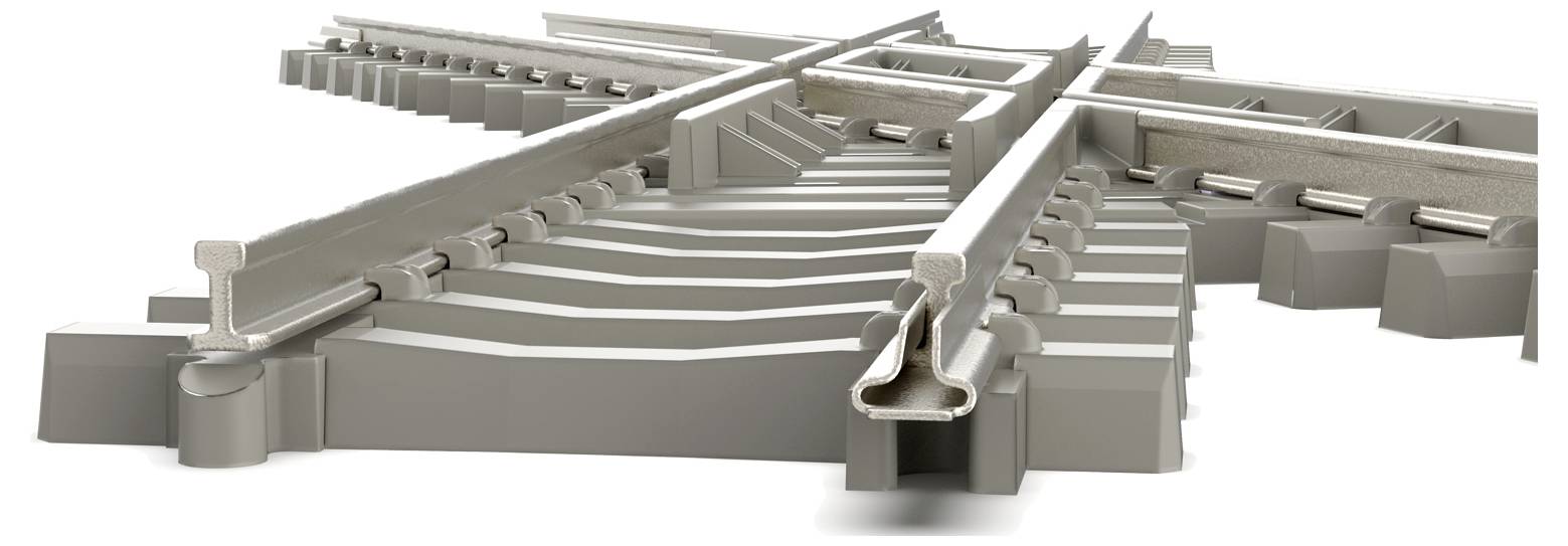 Nahaufnahme einer komplexen Eisenbahngleiskreuzung mit mehreren Gleisen, die zusammenlaufen und sich verzweigen, wobei das komplexe Design hervorgehoben wird.