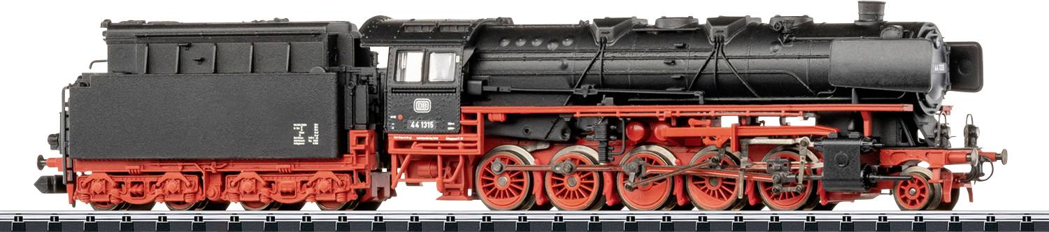 Modell einer Vintage-Dampflokomotive in Schwarz und Rot auf einem Ausstellungsgleis.