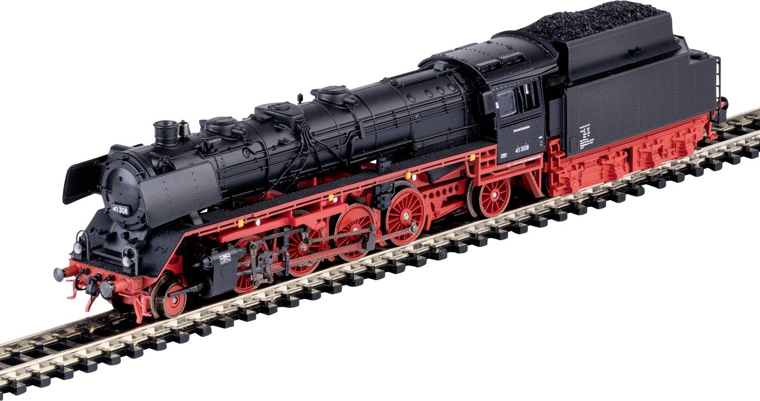 Eine Modelldampflokomotive mit schwarzem Kessel und roten Rädern sitzt auf einem Gleis. Der Zug hat detaillierte Merkmale und einen Tender-Wagen.