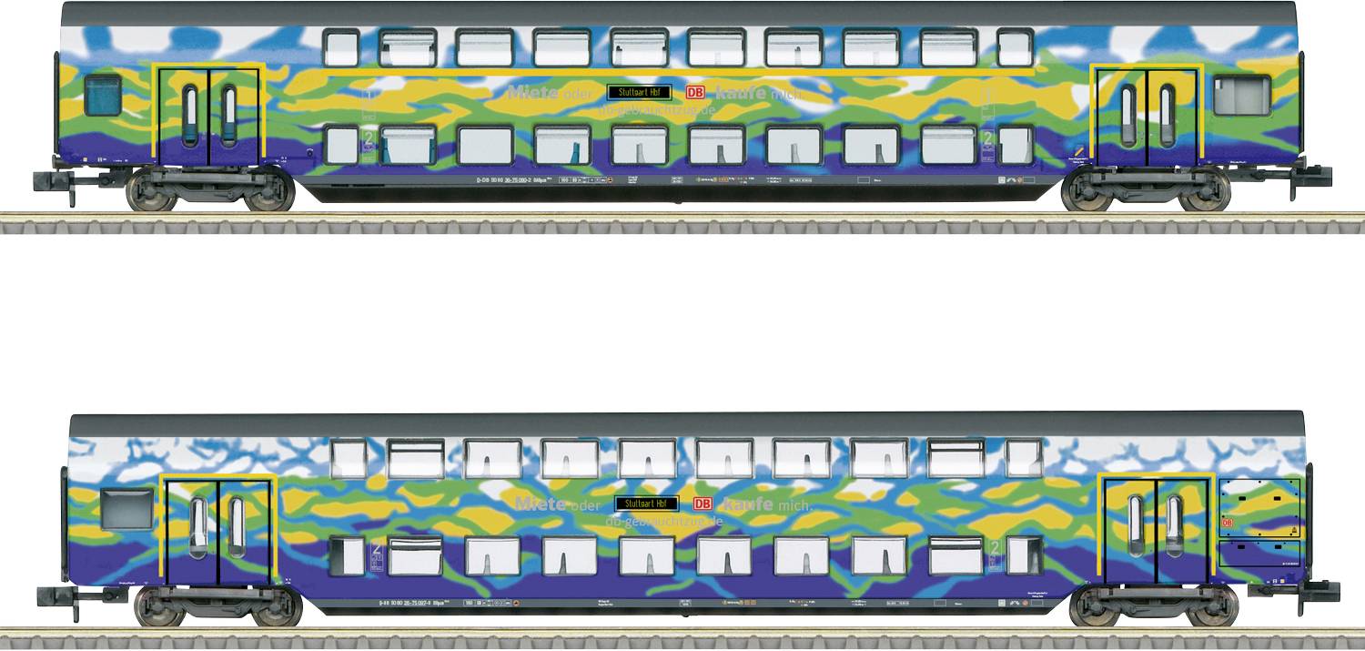 Ein farbenfrohes Doppeldeckerzugmodell mit einem lebendigen abstrakten Design mit grünen, blauen und gelben Mustern an seinen Seiten.