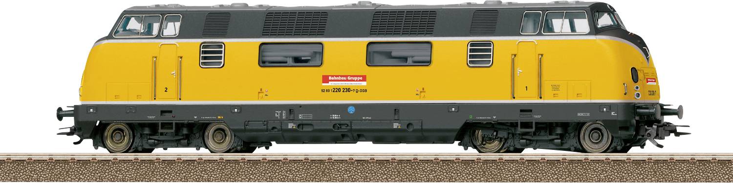 Ein Modell einer gelb-schwarzen Diesellokomotive auf einem Gleis, mit zwei Lüftungsöffnungen und einem roten Schild mit Text an der Seite.