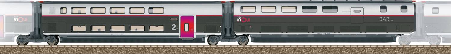 Ein Hochgeschwindigkeitszug rast über die Gleise und zeigt ein schlankes, modernes Design mit zwei sichtbaren Personenwagen und prominenten Fenstern.