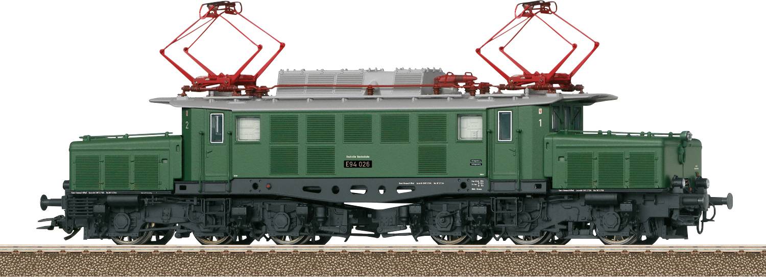Ein grünes und schwarzes Modell einer Elektrolokomotive mit roten Stromabnehmer auf einem Gleis, das sein detailliertes Design und seine Struktur zeigt.